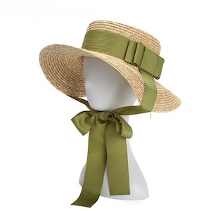 Straw Hats: Flat Top Green Bow Tie Straw Hat