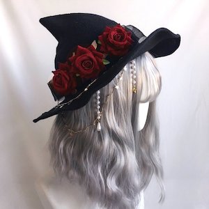 Witch Hats: Lolita Velvet Witch Hat Halloween Wide Brim Rose Witch Hat