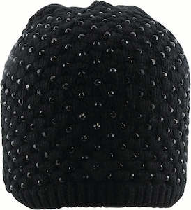 Stone-Embellished Acrylic Knit Beanie with Block Pattern