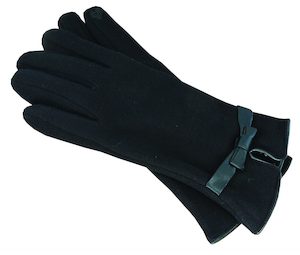 Premium Gloves: Polyester Stretch Gloves with Faux Leather Trim and Touchscreen Bow Detail