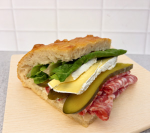All: Salami, brie + pickle focaccia