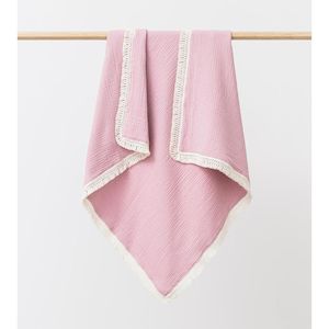 Sale: Over the Dandelions Organic Muslin Blanket With Boho Tassel Fringe - Peony