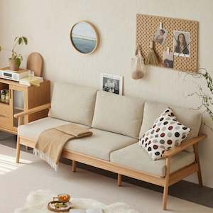 Solidwood Seattle 3-Seater Sofa,201x80CM, Beige & Natural Wood