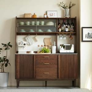 Solidwood Santa Rosa Sideboard with Sintered Stone Top & Hutch, 150x42x172cm, Dark Wood