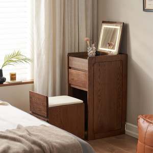 Solidwood Radiant Dressing Table and Stool Set with Flip Mirror, Walnut Oak