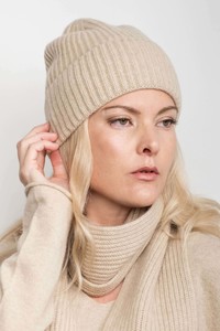 Cashmere Unisex Striped Beanie - Beige
