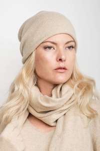 Cashmere Unisex Roll-Edge Beanie - Beige