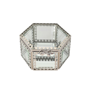 Jewellery Trinket Boxes: Glass Jewellery box Silver Hex with Clear Glass (7 x 12 x 10.5cm)