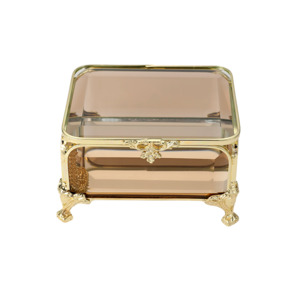 Jewellery Trinket Boxes: Glass Jewellery box Gold with Amber Glass (6.5 x 10 x 8cm)