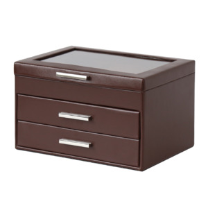 Jewellery Trinket Boxes: Jewellery Box PVC Brown Leather with 2 Draws