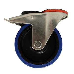 Non Marking Castors: Bolt Hole Swivel Castor 125mm Blue Elastic Rubber Wheel, Braked