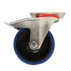 Swivel Plate Castor 125mm Blue Elastic Rubber Wheel, Braked