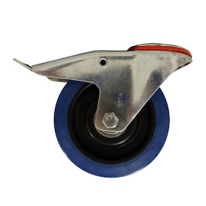 Non Marking Castors: Bolt Hole Swivel Castor 160mm Blue Elastic Rubber Wheel, Braked