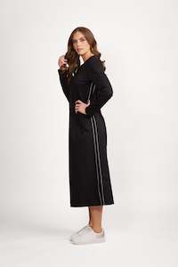 6110 Black/White - Long Sleeve Knit Dress with Tie Back and Contrast Stitch Detail