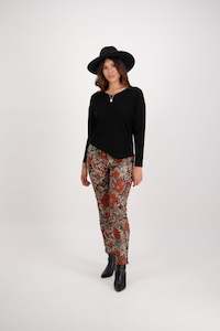 Button Up Pants Sale: 5899A Bohemian - Skinny Leg Ankle Grazer Printed Pant with Elastic Back Waist