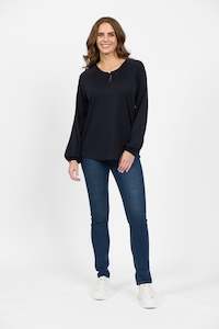 Merino All: 4466 Midnight - 100% Merino Round Neck Top with Front Keyhole