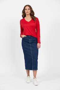 4465 Scarlet - 100% Merino V Neck Top with Button Cuff Detail