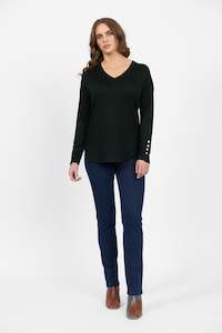 4465 Forest - 100% Merino V Neck Top with Button Cuff Detail