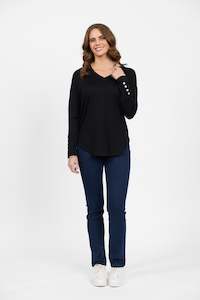 4465 Black - 100% Merino V Neck Top with Button Cuff Detail