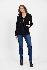 4437A Black - 100% Merino Zip Up Hooded Jacket with Scooped Back Hem