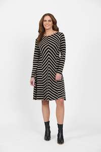 6107 Forest/Twig Stripe - 100% Merino Long Sleeve Swing Dress