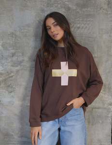 Sweatshirts: Stella + Gemma Newport Sweat | Chocolate -Pink/Gold Cross