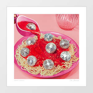 Food 1: 'Spaghetti Disco Balls – Pink and Red' Art Print by Vertigo Artography