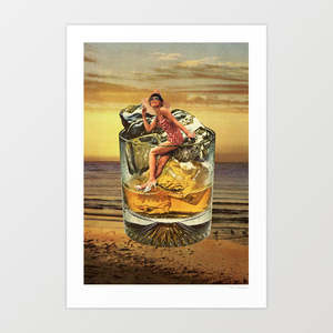 Food 1: 'Roxanne on the Rocks — Whiskey Sunset' Art Print by Vertigo Artography | Retro Pin-Up Coastal Golden Hour Whisky Whiskey Sunset Beach Bar Cart Wall Art