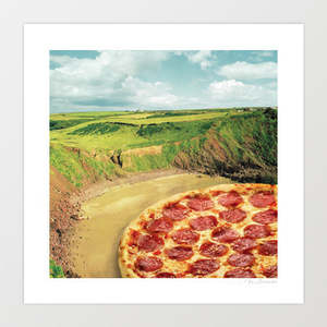 Food 1: 'Coastal Pizza Bay' Art Print by Vertigo Artography | Surreal Pizza Coastal Landscape Food Art Kitchen Beach House Seaside Pizzeria Wall Art