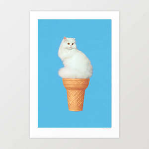 Food 1: 'Cat Ice Cream — Blue' Art Print by Vertigo Artography | Surreal White Persian Cat Waffle Cone Minimalist Pop Art Funny Cat Lover Wall Art