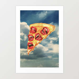 Food 1: 'Pizza Euphoria' Art Print by Vertigo Artography | Surreal Pizza Gold Teeth Grill Licking Lips Pop Art Punk Hip Hop Quirky Food Wall Art