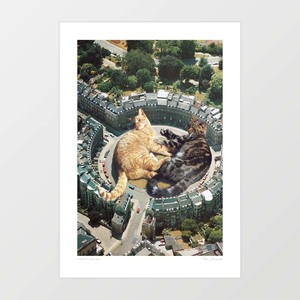 Animals: 'Lazy Cat Roundabout' Art Print by Vertigo Artography | Surreal Giant Cat City Aerial Wall Art Funny Cat Decor