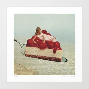Fashion: 'Cherryo' Art Print by Vertigo Artography | Surreal Cherry Cheesecake Retro Pin-Up Vintage Kitsch Fantasy Dessert Restaurant Bakery Kitchen Wall Art