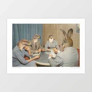 Birds: 'Too Late, Mr Hudson' Art Print by Vertigo Artography | Surreal Animal Poker Casino Card Game Dark Humour Rabbit Hawks Retro Print