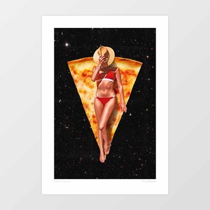 Space: 'Cheesy Pizza Cowgirl' Art Print by Vertigo Artography | Surreal Pizza Wall Art Retro Cowgirl Space Galaxy Kitchen Decor
