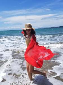 Frontpage: Vibrant Red scarf full of love - must have it! Pohutukawa flowers red merino & silk. Cools in summer, warms in winter.