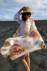 Frontpage: Unique bridesmaid shawl, handmade in New Zealand nuno felted silk scarf for evening, wedding wrap.