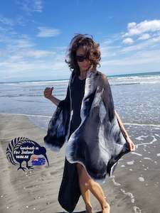 Women's Elegant Black and white nunofelted silk shawl with merino wool, han&hellip;