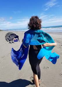Shawls: Unique nunofelted silk shawl with merino wool turquoise and blue, natural silk handmade in New Zealand