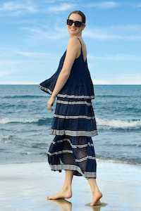 Pleating In The Middle Dress Navy White Stripe