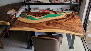 Products: Green Epoxy Resin Timber Table. Natural Edges. L150cm x W93/80cm x H75cm - Vietnz Trading