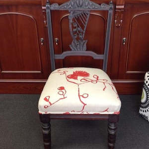 Carved Antique Bedroom Chair: linen fantail fabric