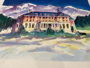 JILL HENRIOD ORIGINAL THE CHATEAU WITH MT RUAPEHU SIGNED ON VERSO