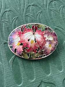 Vintage Silver Cloisonné Oval Floral Brooch stamped silver 1000