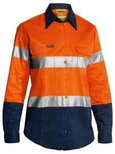 HI VIS BISLEY WOMENS DRILL SHIRT - Long Sleeve, Reflective Tape, Mid Weight