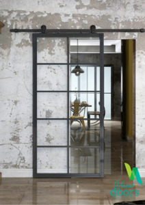 Soulful Character hardware to add more heart to your home: Industrial Chic 10/15 Panel Glass/Steel Barn Door & Hardware Package