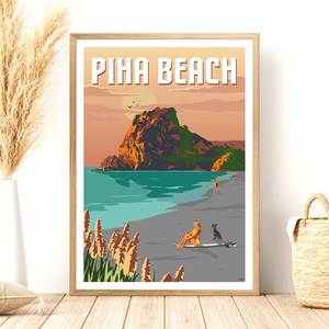 Auckland Auk: Piha Beach Travel Poster, New Zealand