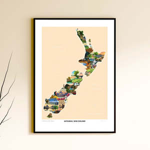 Travel Posters: Aotearoa New Zealand Travel Poster Map - Beige