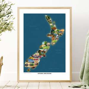 Aotearoa New Zealand Travel Poster Map - Blue