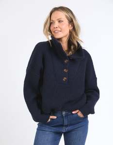 Sweatshirts Jumpers And Crews: BRON BUTTON KNITP-NAVY-PRE ORDER